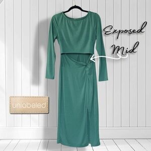 Long Sleeve Knit Exposed Mid Midi Dress - Green, S/M - No Brand